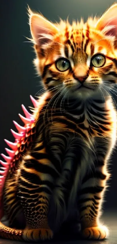 Fantasy Bengal kitten with dragon spikes on dark background.