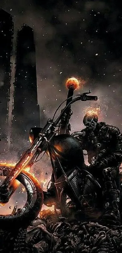 Biker with fiery motorcycle in dark, dramatic setting.
