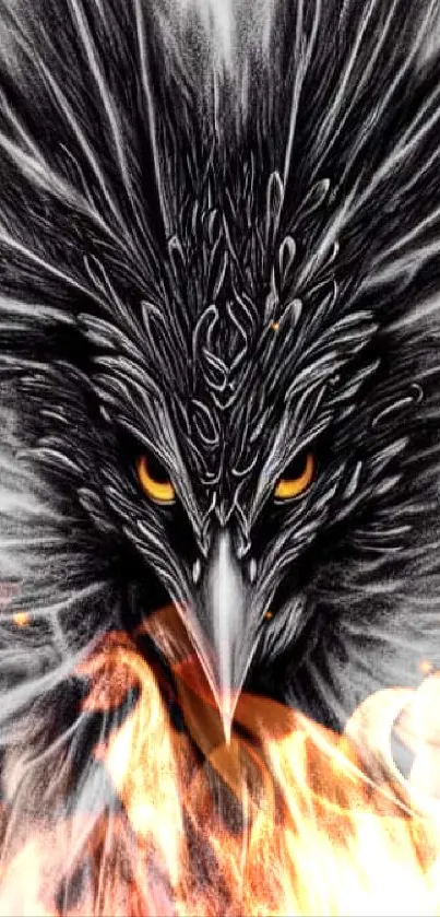 Intricate black bird art with orange eyes on mobile wallpaper.