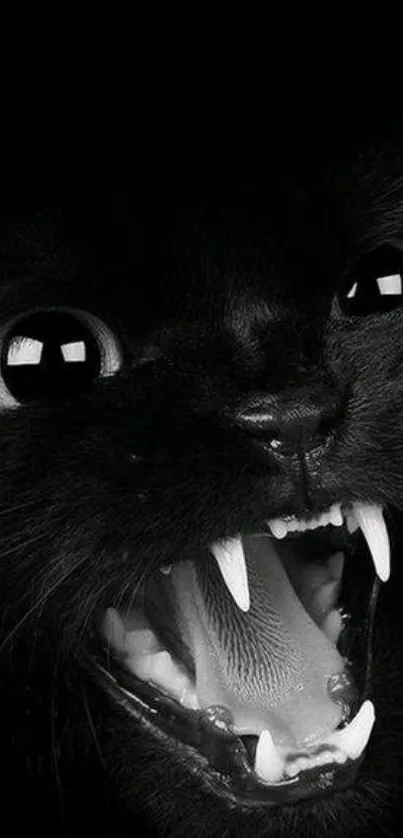 Fierce black cat with open mouth close-up, showing sharp teeth.