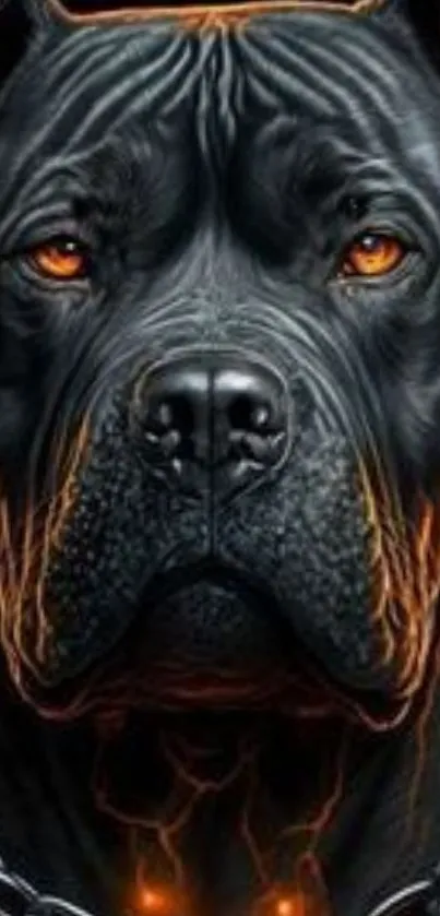 Close-up of a black dog with fiery orange eyes and highlights.