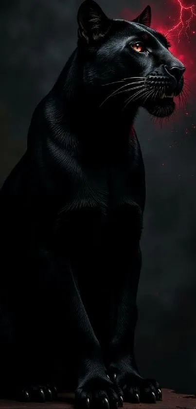 Black panther with glowing eyes and red lightning background.