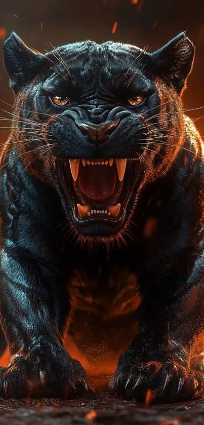 Fierce black panther with fiery background.