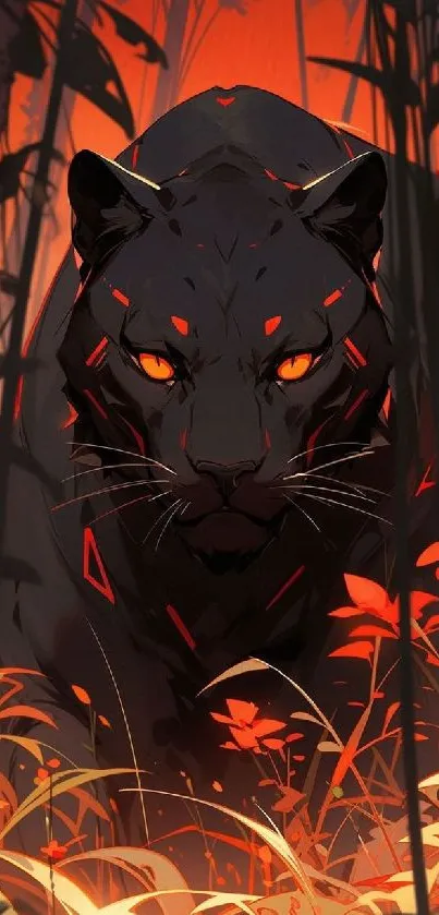 Fierce black panther with orange eyes in jungle artwork wallpaper.