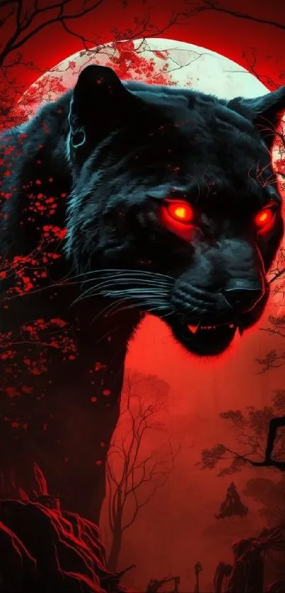 Fierce black panther with red eyes in a moonlit forest wallpaper.