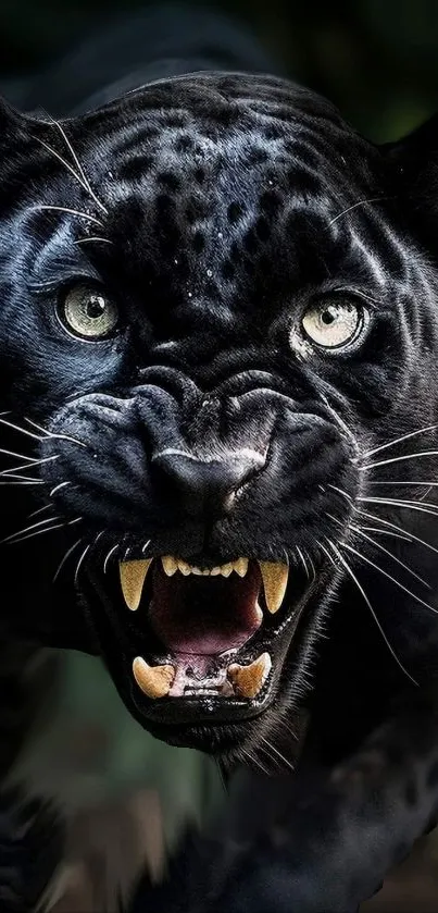 Close-up of a fierce black panther with intense gaze.