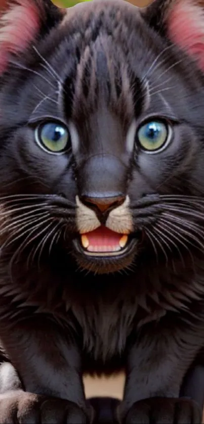 Close-up image of a fierce black panther with bright eyes and a dynamic pose.