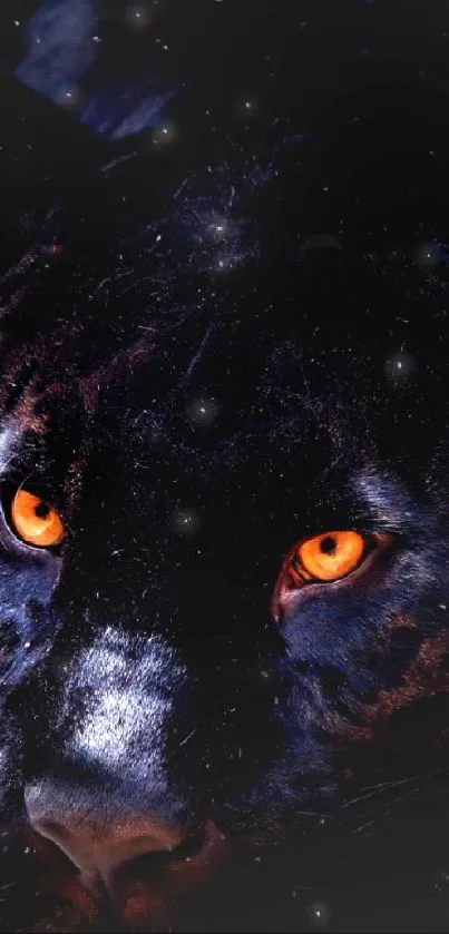 Fierce black panther with glowing orange eyes on a dark background wallpaper.