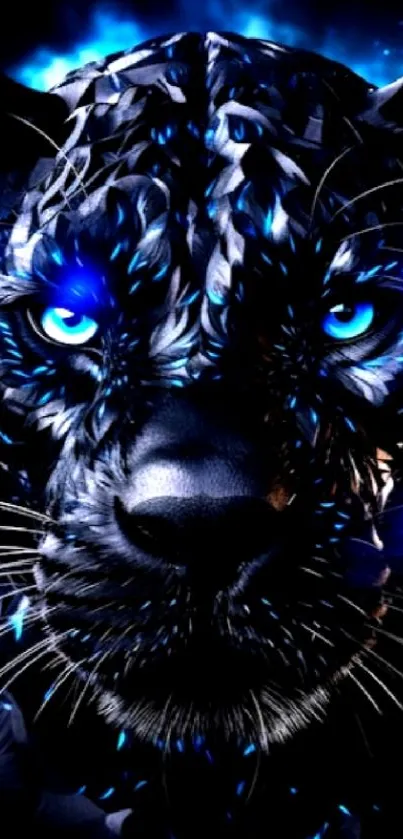 Fierce black panther with glowing blue eyes on electric background.