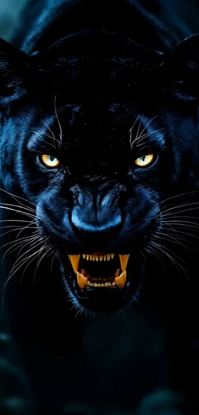 Fierce black panther with piercing eyes in a dark jungle setting.