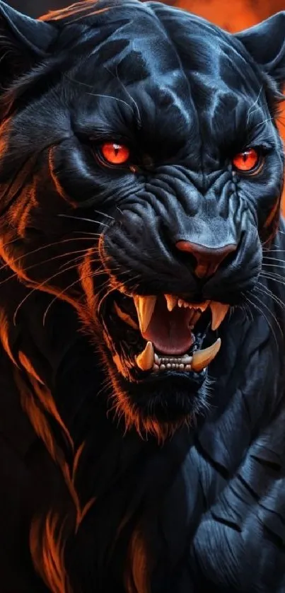 Fierce black panther with fiery eyes and dark fur.