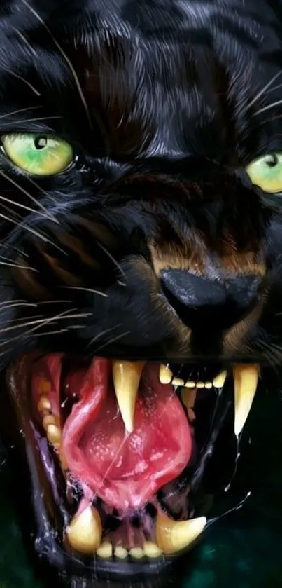 Fierce black panther with green eyes roaring in the jungle.