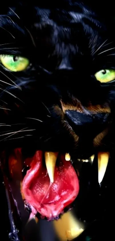 Fierce black panther with green eyes and open mouth in digital wallpaper.