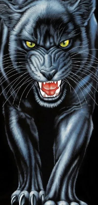 Fierce black panther with a striking gaze on a dark background.