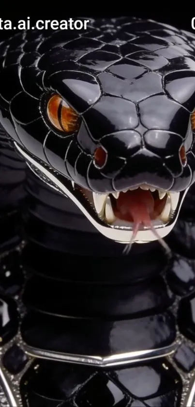 Fierce black snake with red eyes and open mouth design on a mobile wallpaper.