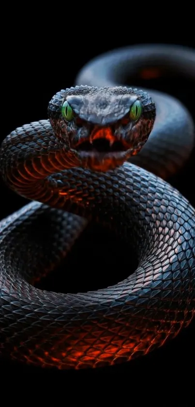 Close-up of a black snake with green eyes on a dark background.