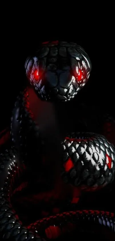 Fierce black snake with red accents on dark background.