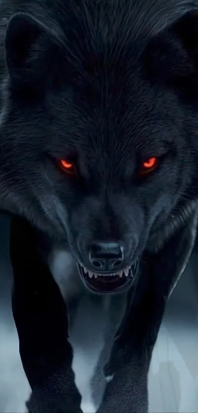 Fierce black wolf with glowing eyes on a dark background.