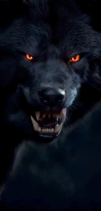 Fierce black wolf with glowing eyes and bared teeth in dark background.