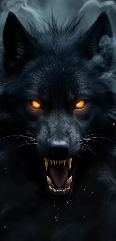 Fierce black wolf with glowing eyes.