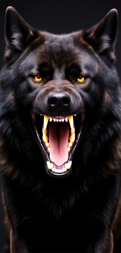 Fierce black wolf with sharp teeth and piercing eyes.