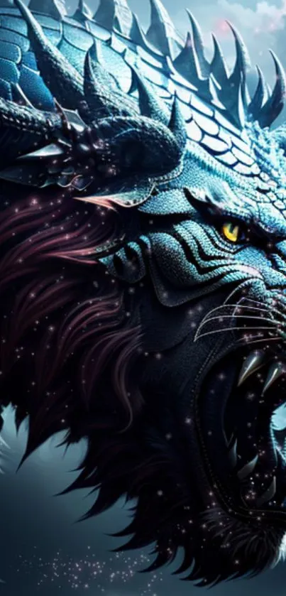 Blue dragon artwork with fierce expression and intricate details.