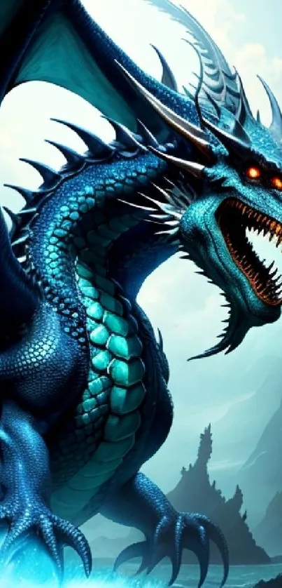 A fierce blue dragon with glowing eyes on a rocky shore.