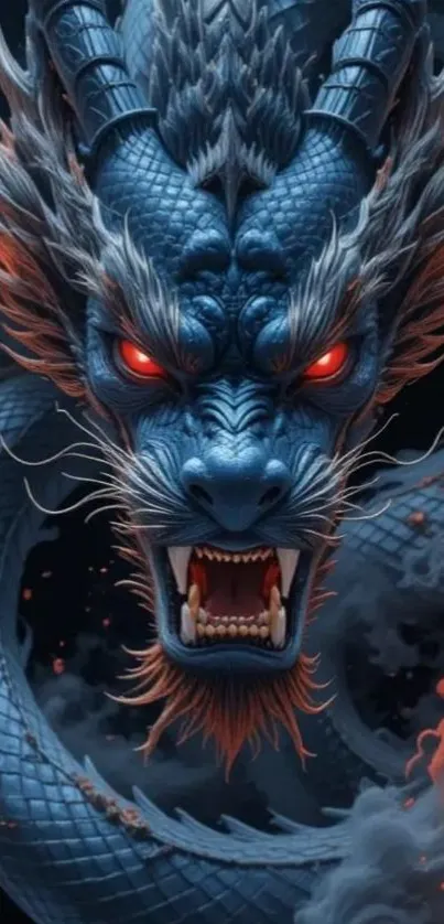 A vivid blue dragon with fiery red eyes and intricate scales.