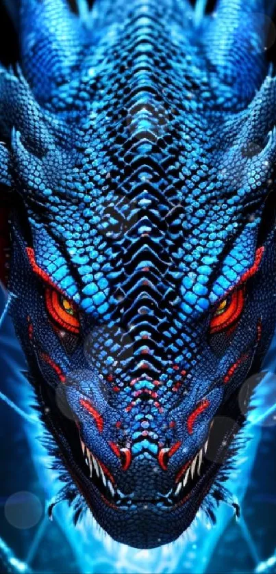 Fierce blue dragon with fiery eyes on a dark mobile wallpaper.