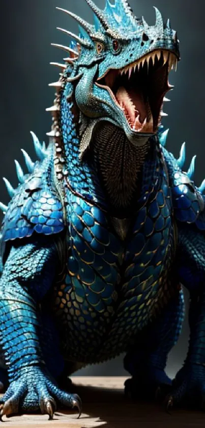 Fierce blue dragon with scales in a dynamic pose.