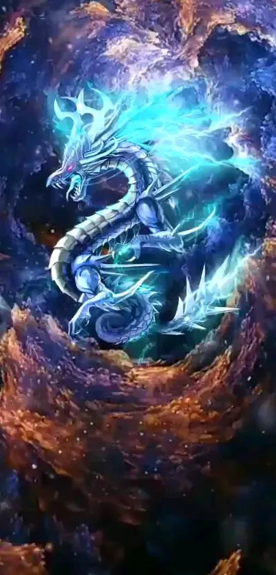 Blue dragon in a cosmic swirling background for mobile wallpaper.