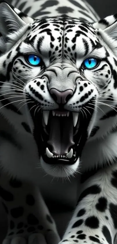 Fierce blue-eyed leopard roaring wallpaper.