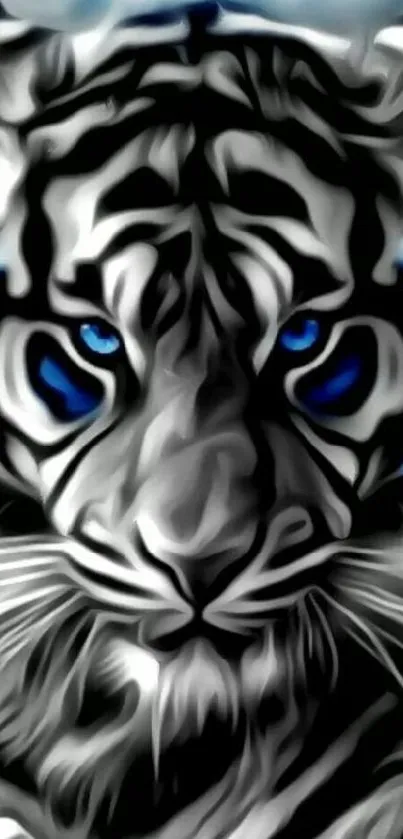 Captivating blue-eyed tiger artwork in black, white, and blue hues.