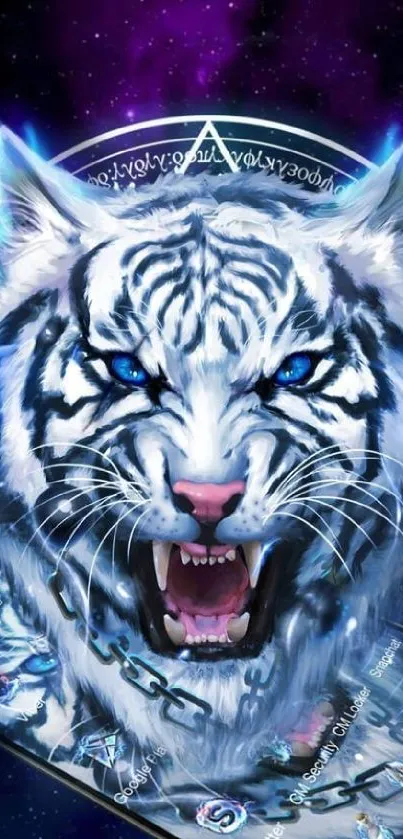 Fierce blue-eyed tiger with glowing accents in mystical design.