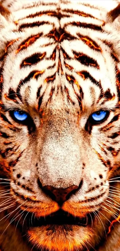 Close-up of a fierce blue-eyed tiger face.