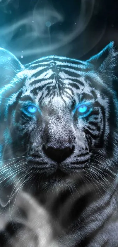 Majestic blue-eyed tiger on dark background wallpaper.