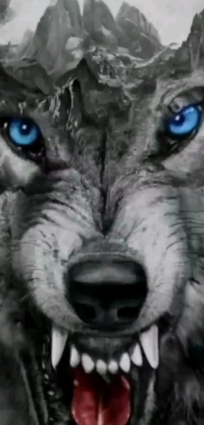 Fierce wolf with blue eyes art wallpaper for mobile devices.