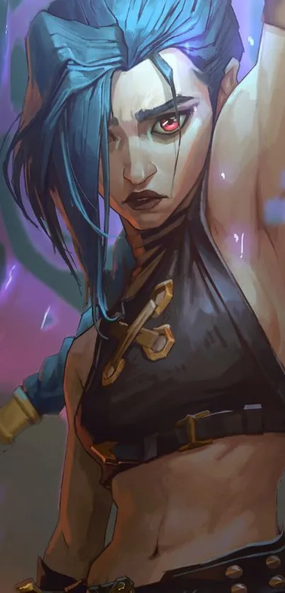 Fierce blue-haired character illustration with intense expression.