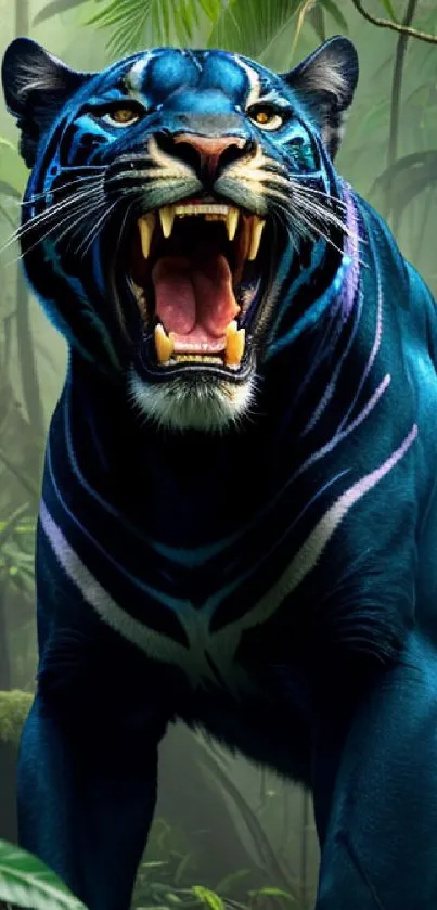 Blue tiger roaring in jungle setting wallpaper.