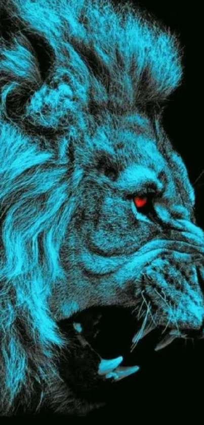 Striking blue lion head with a fierce expression on black background.