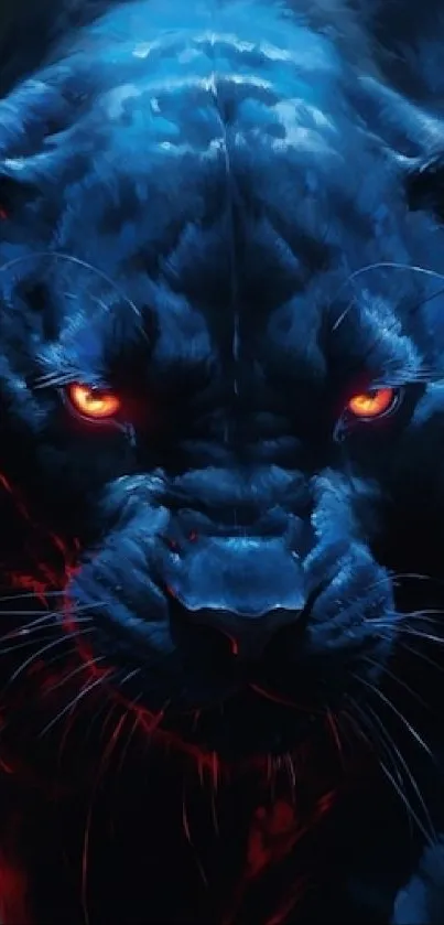 Fierce blue panther with glowing eyes in the dark jungle.