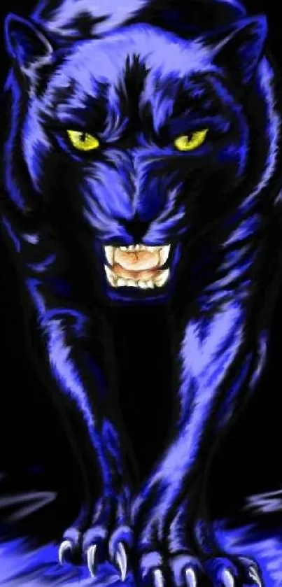 Blue panther with glowing eyes on a dark background.