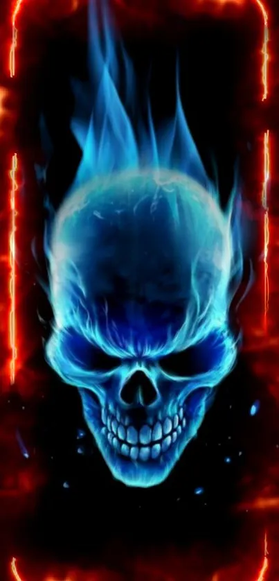 Blue skull with flames on a vibrant digital wallpaper.