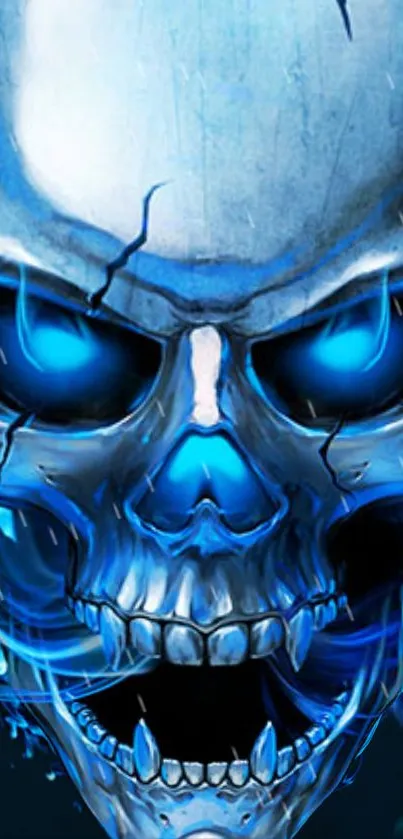 Blue skull wallpaper with fiery flames and intense visual style.