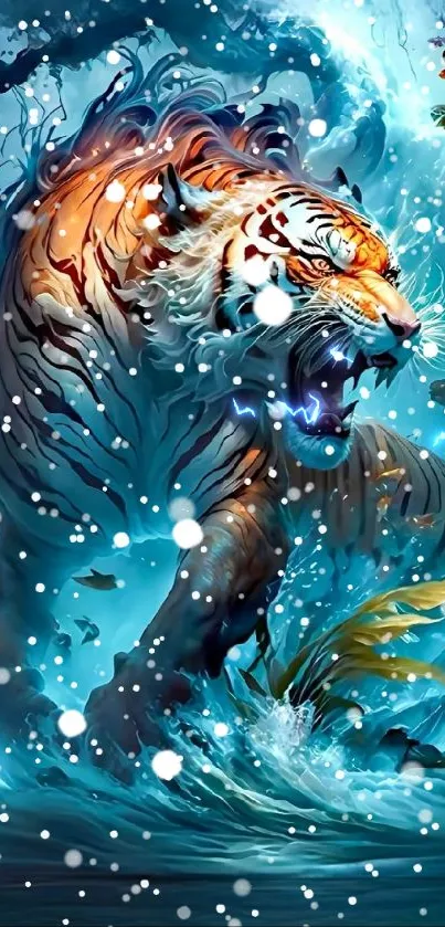 Vivid artwork featuring a fierce blue tiger in a dynamic pose surrounded by water.