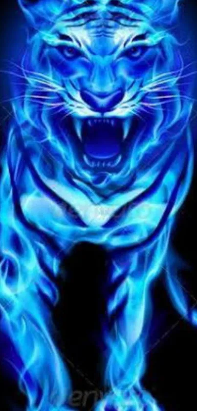 Fierce blue tiger with electric glow on a dark background.