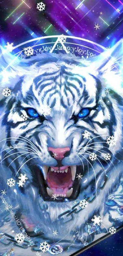 Fierce blue-eyed tiger digital art on a cosmic background for mobile wallpaper.