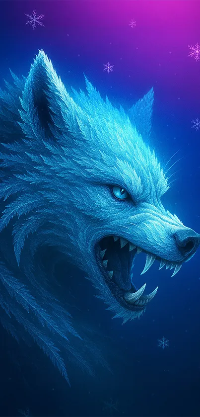 Intricate blue wolf with snowflakes on vivid background.