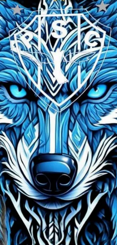 Fierce blue wolf phone wallpaper with intricate design.