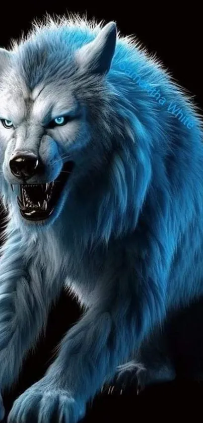 Fierce blue wolf on a dark background.